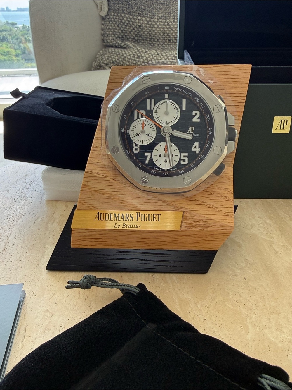 Audemars Piguet Silver and Black Dial Chronograph Desk Clock